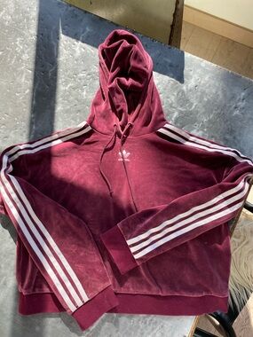 adidas Burgundy Velour Hoodie with White Three Stripes
